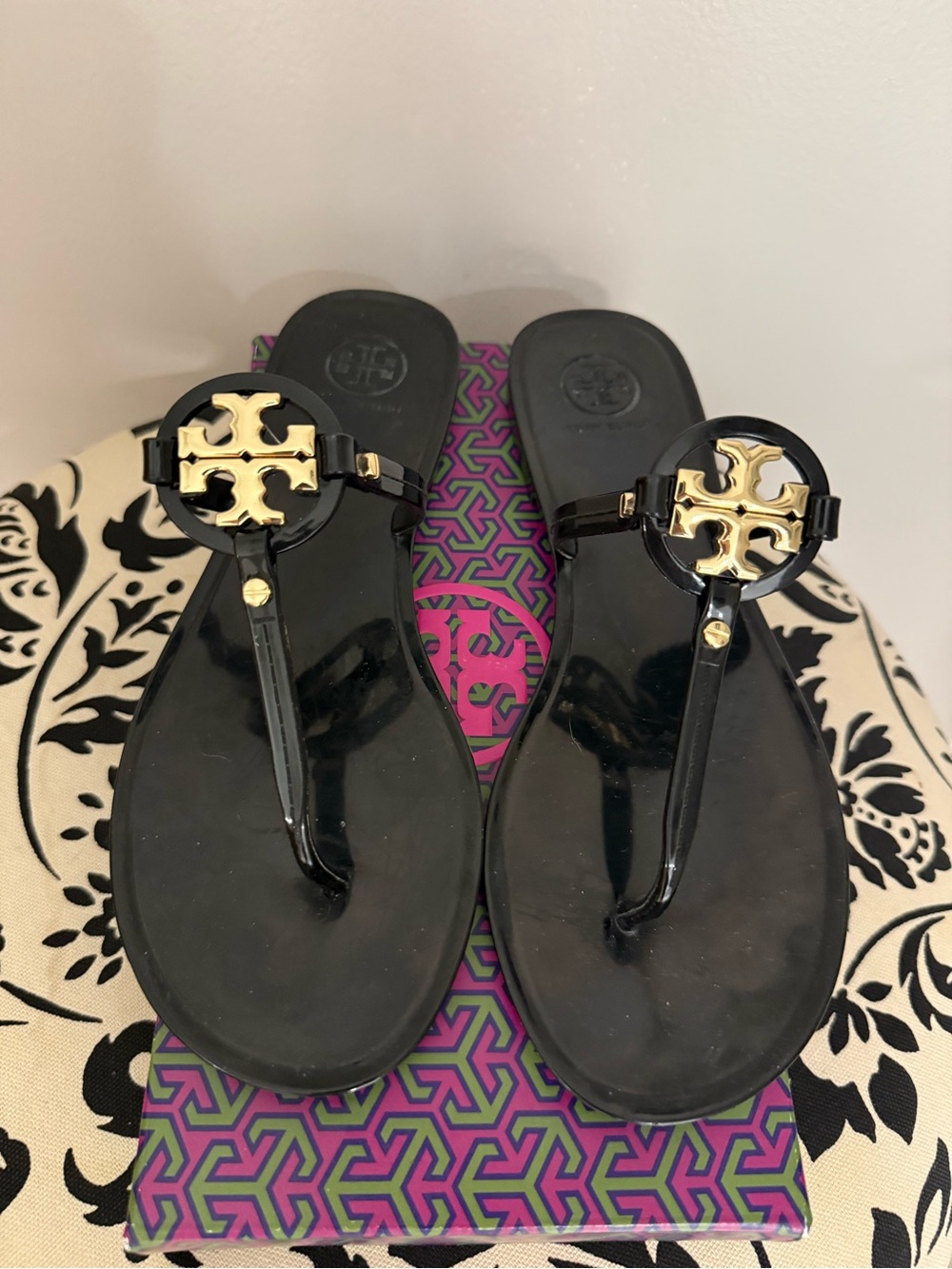 Tory Burch Black Jelly Thong Sandals with Gold Logo